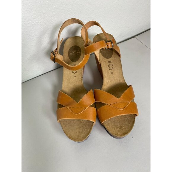 Uma Leather Strappy Wedge Sandals Size 9 EU 39 Made In Spain Orange Brown Ankle - Picture 5 of 13